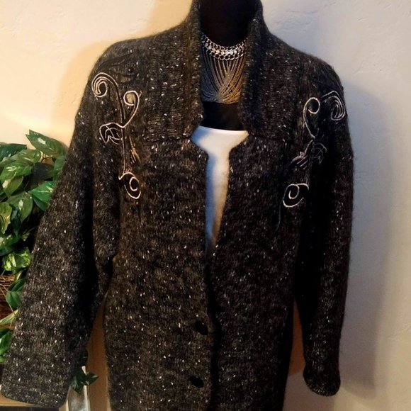 I.B. DIFFUSION VINTAGE 3/4 Length Black Speckled Sweater Coat - Picture 3 of 5